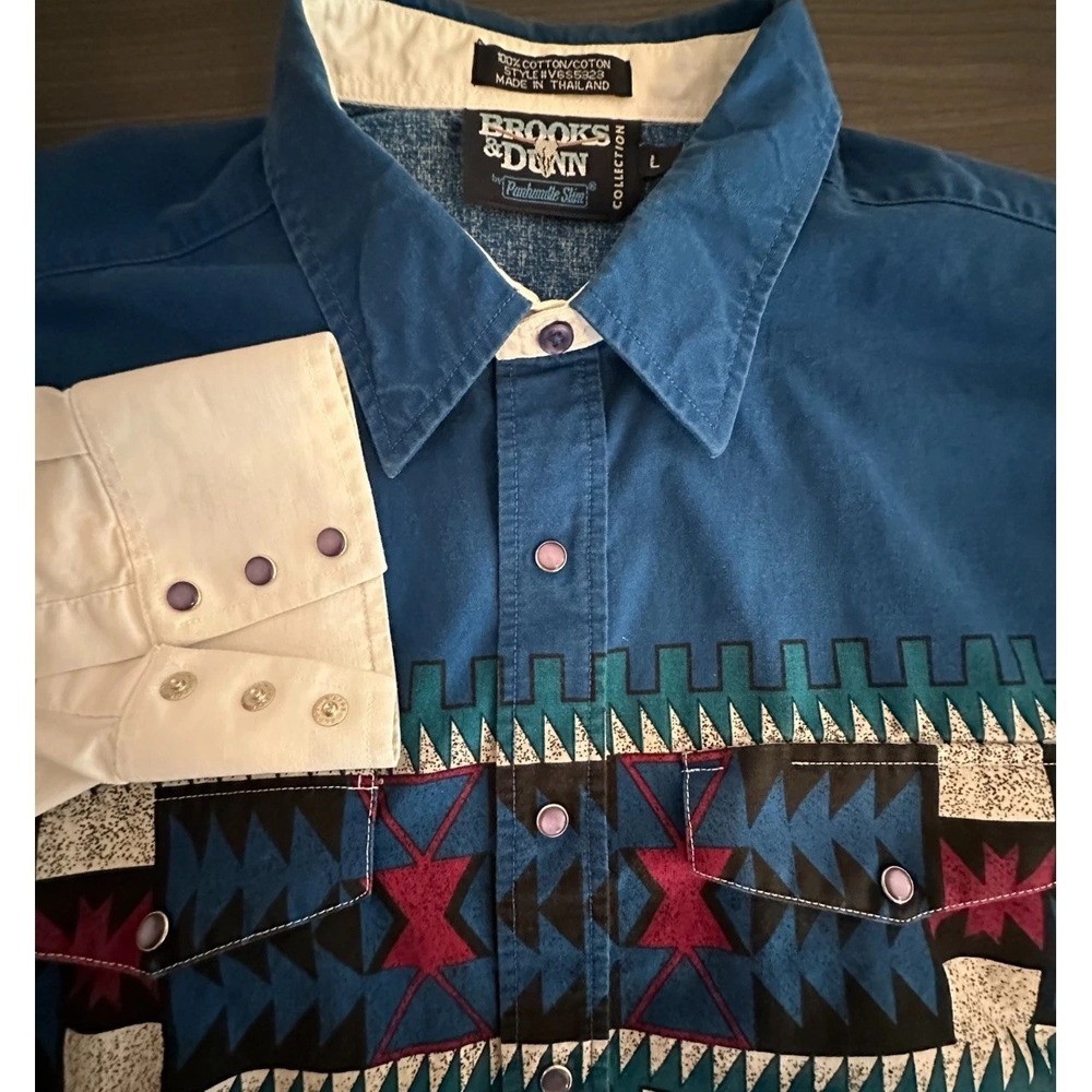 VTG Brooks & Dunn Panhandle Slim Shirt Mens L Blue Pearl Snap‎ Cowboy Western